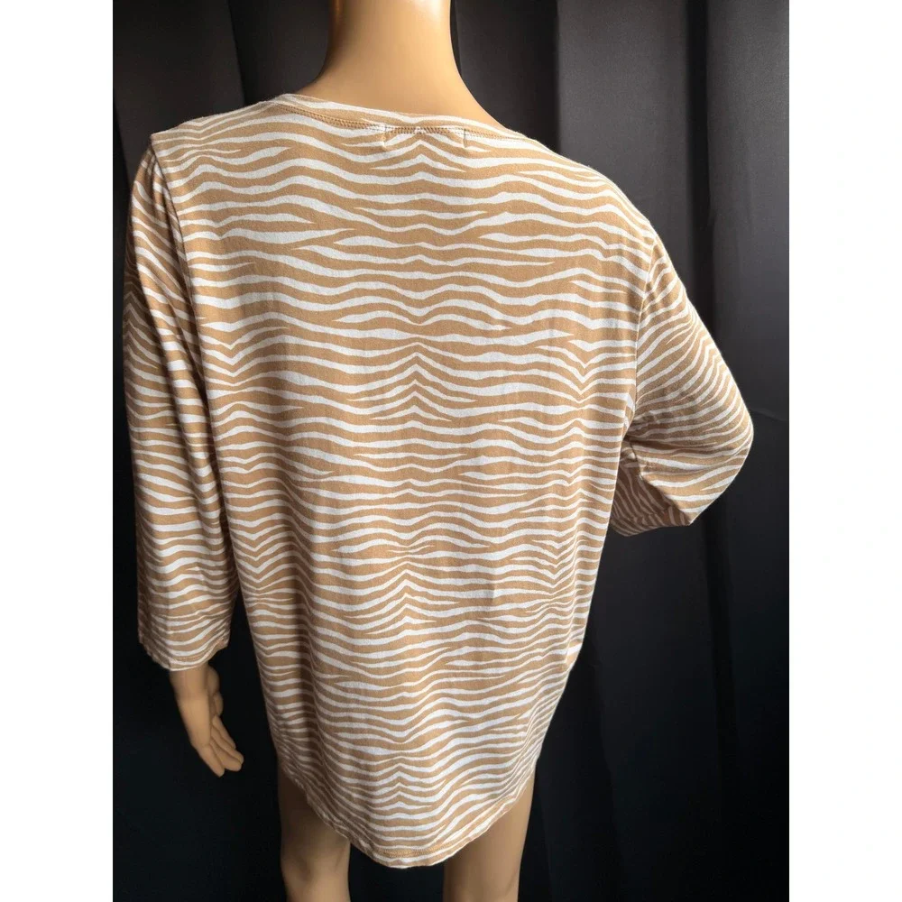Michael Kors Women 1X Tan White Zebra Print V-Neck Long Sleeve Top Logo Bar Chic